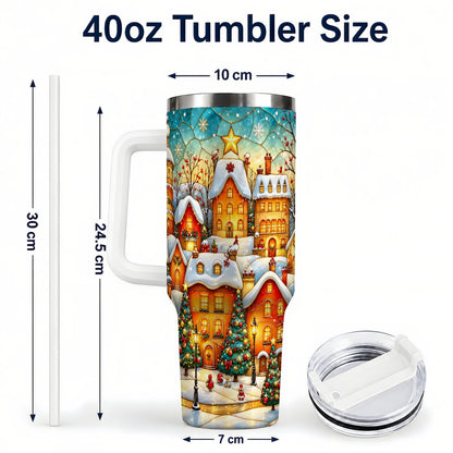 #pl[40oz|White] Christmas Village 40oz Tumbler with Handle, Snowy Town Scene