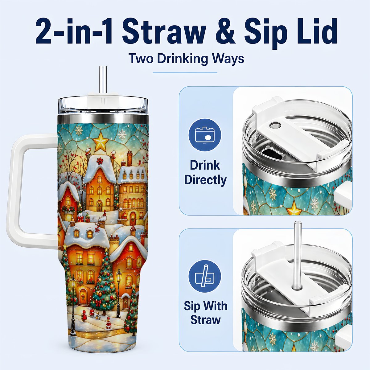#pl[40oz|White] Christmas Village 40oz Tumbler with Handle, Snowy Town Scene