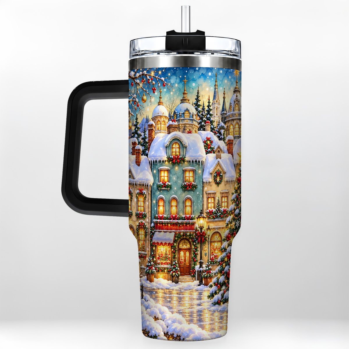 #pl[40oz|Black] Festive Village 40oz Tumbler with Handle, Snowman Holiday Art