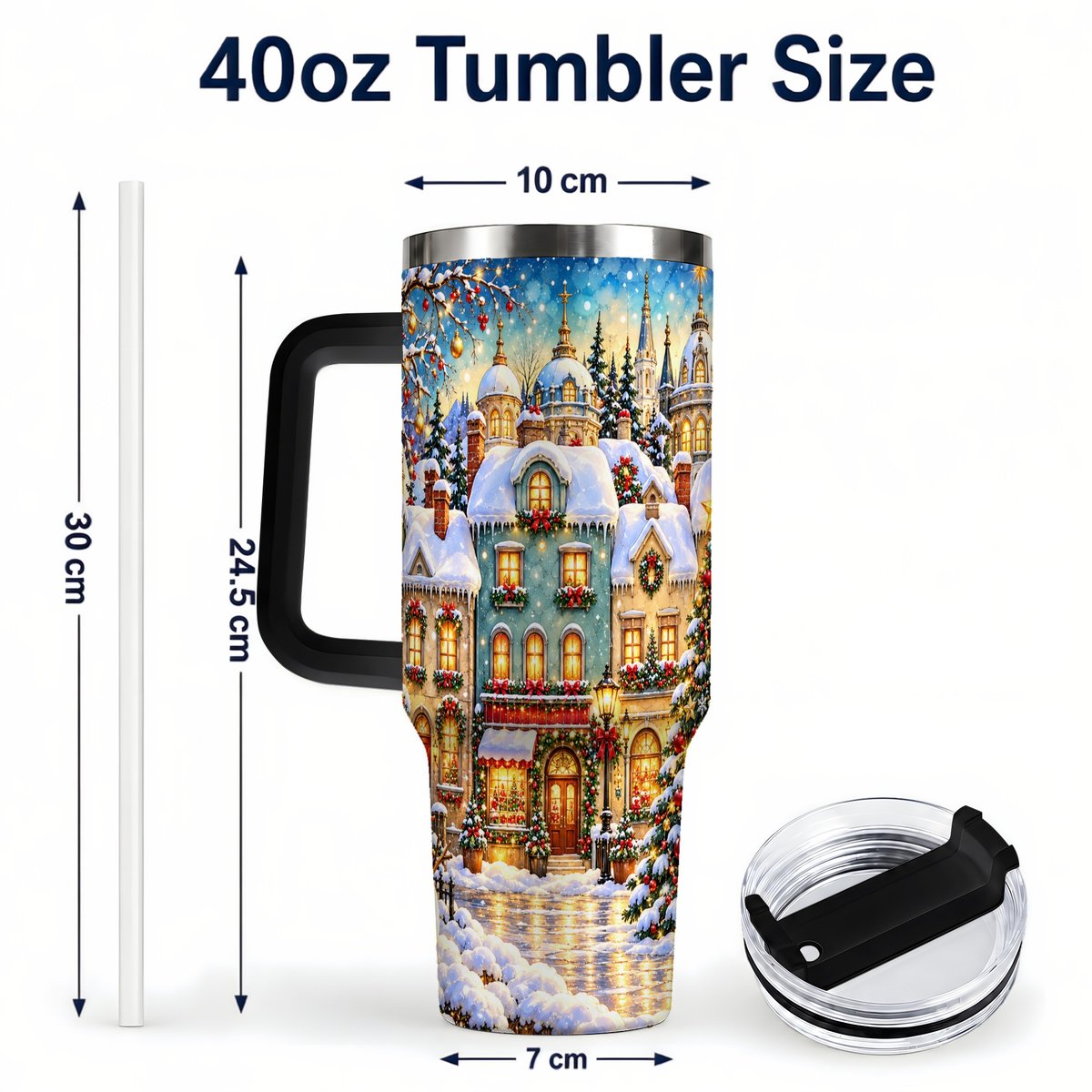 #pl[40oz|Black] Festive Village 40oz Tumbler with Handle, Snowman Holiday Art
