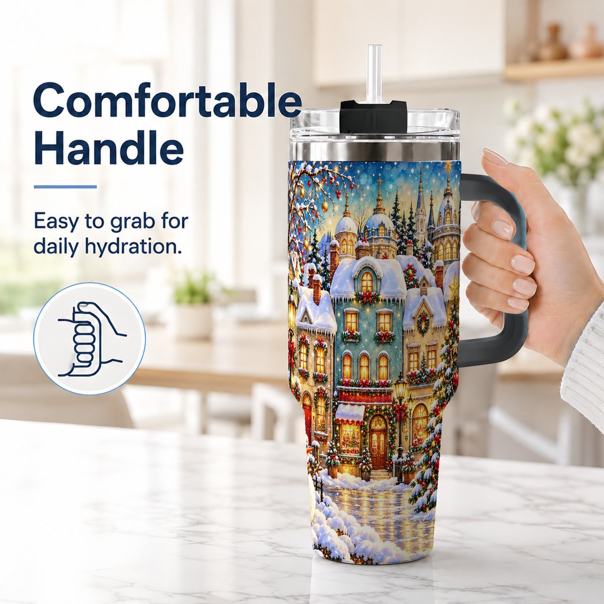 #pl[40oz|Black] Festive Village 40oz Tumbler with Handle, Snowman Holiday Art