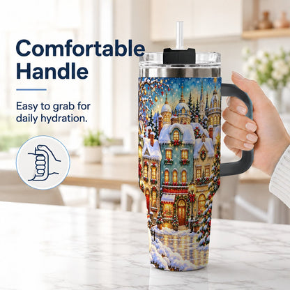 #pl[40oz|Black] Festive Village 40oz Tumbler with Handle, Snowman Holiday Art