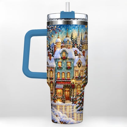 #pl[40oz|Blue] Festive Village 40oz Tumbler with Handle, Snowman Holiday Art