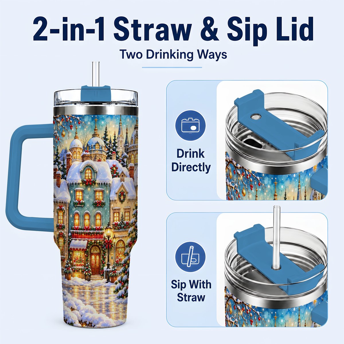 #pl[40oz|Blue] Festive Village 40oz Tumbler with Handle, Snowman Holiday Art