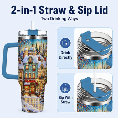 #pl[40oz|Blue] Festive Village 40oz Tumbler with Handle, Snowman Holiday Art