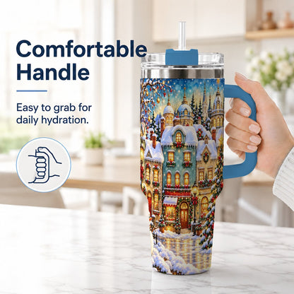 #pl[40oz|Blue] Festive Village 40oz Tumbler with Handle, Snowman Holiday Art