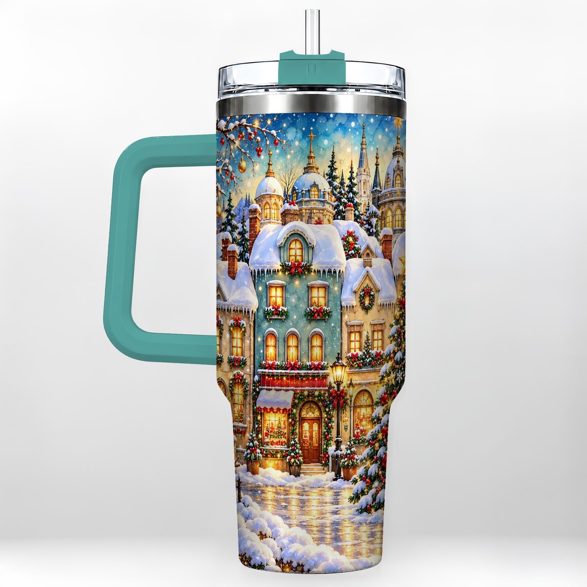 #pl[40oz|Green] Festive Village 40oz Tumbler with Handle, Snowman Holiday Art