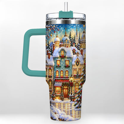 #pl[40oz|Green] Festive Village 40oz Tumbler with Handle, Snowman Holiday Art