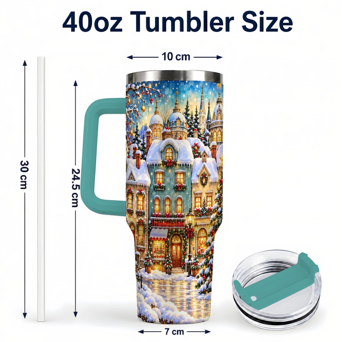 #pl[40oz|Green] Festive Village 40oz Tumbler with Handle, Snowman Holiday Art