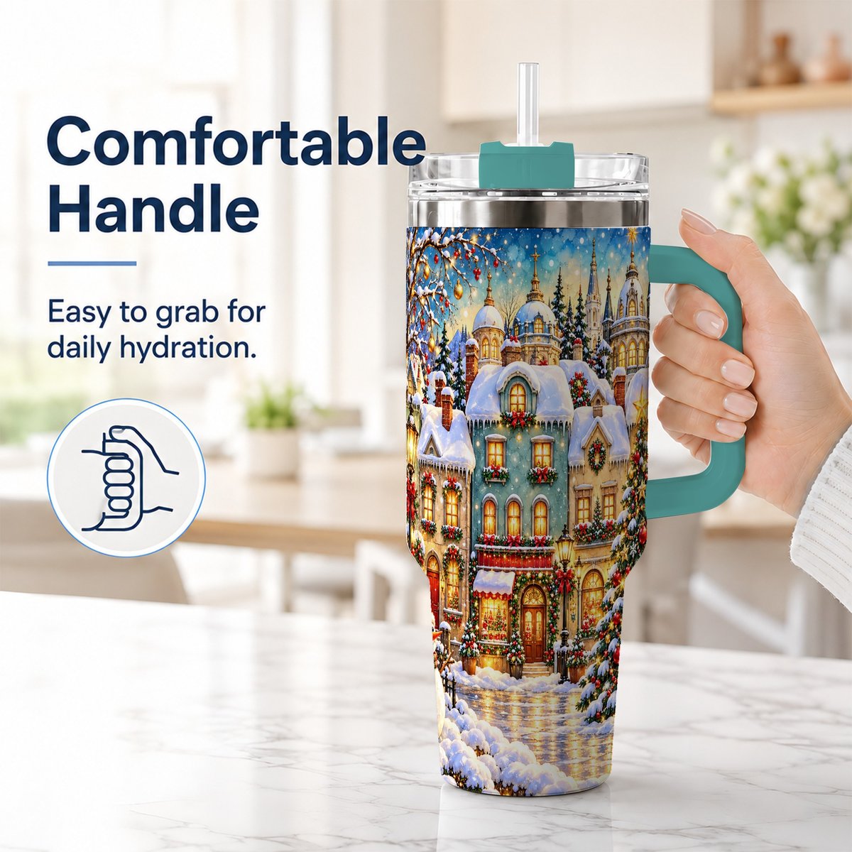 #pl[40oz|Green] Festive Village 40oz Tumbler with Handle, Snowman Holiday Art