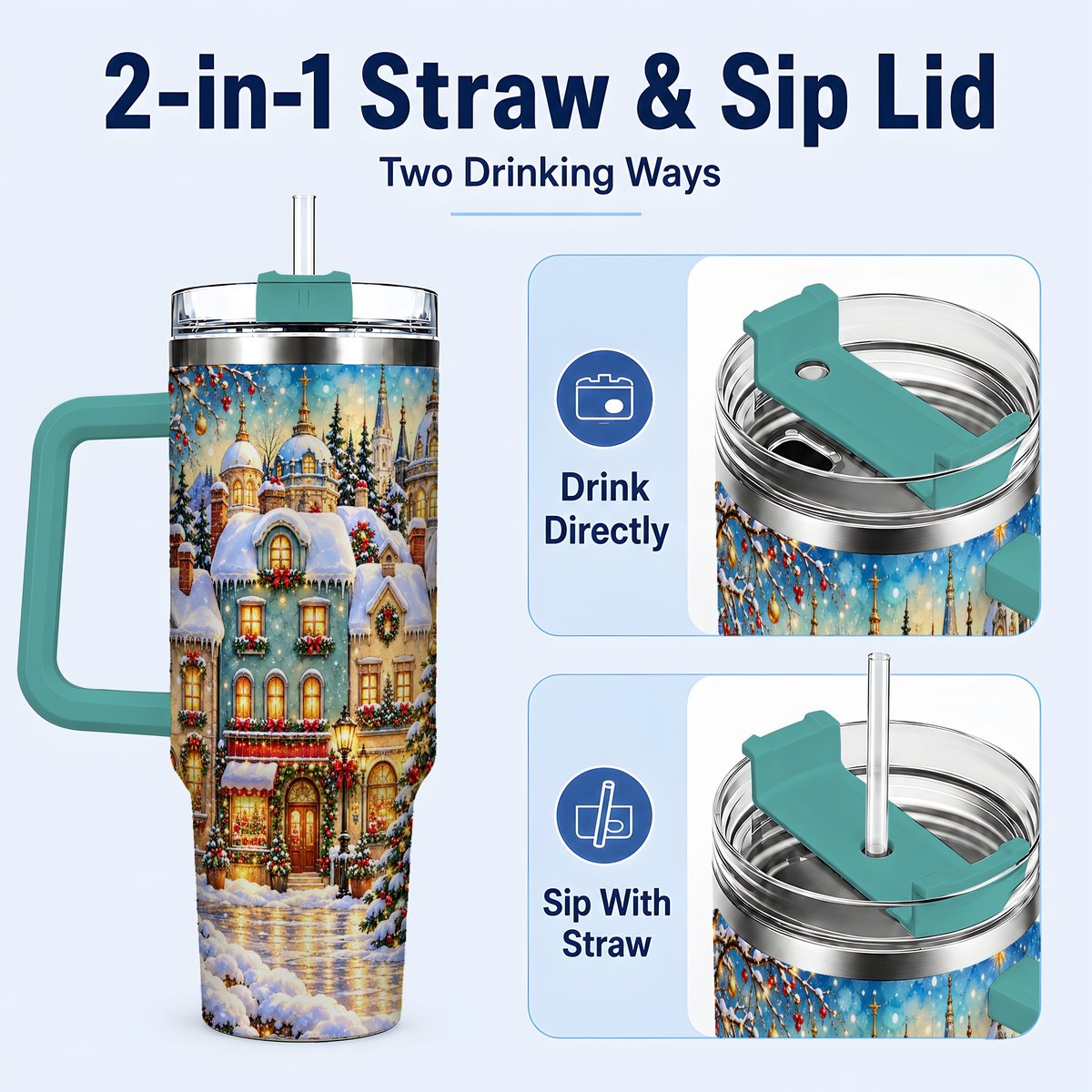 #pl[40oz|Green] Festive Village 40oz Tumbler with Handle, Snowman Holiday Art