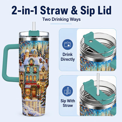 #pl[40oz|Green] Festive Village 40oz Tumbler with Handle, Snowman Holiday Art