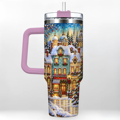 #pl[40oz|Pink] Festive Village 40oz Tumbler with Handle, Snowman Holiday Art