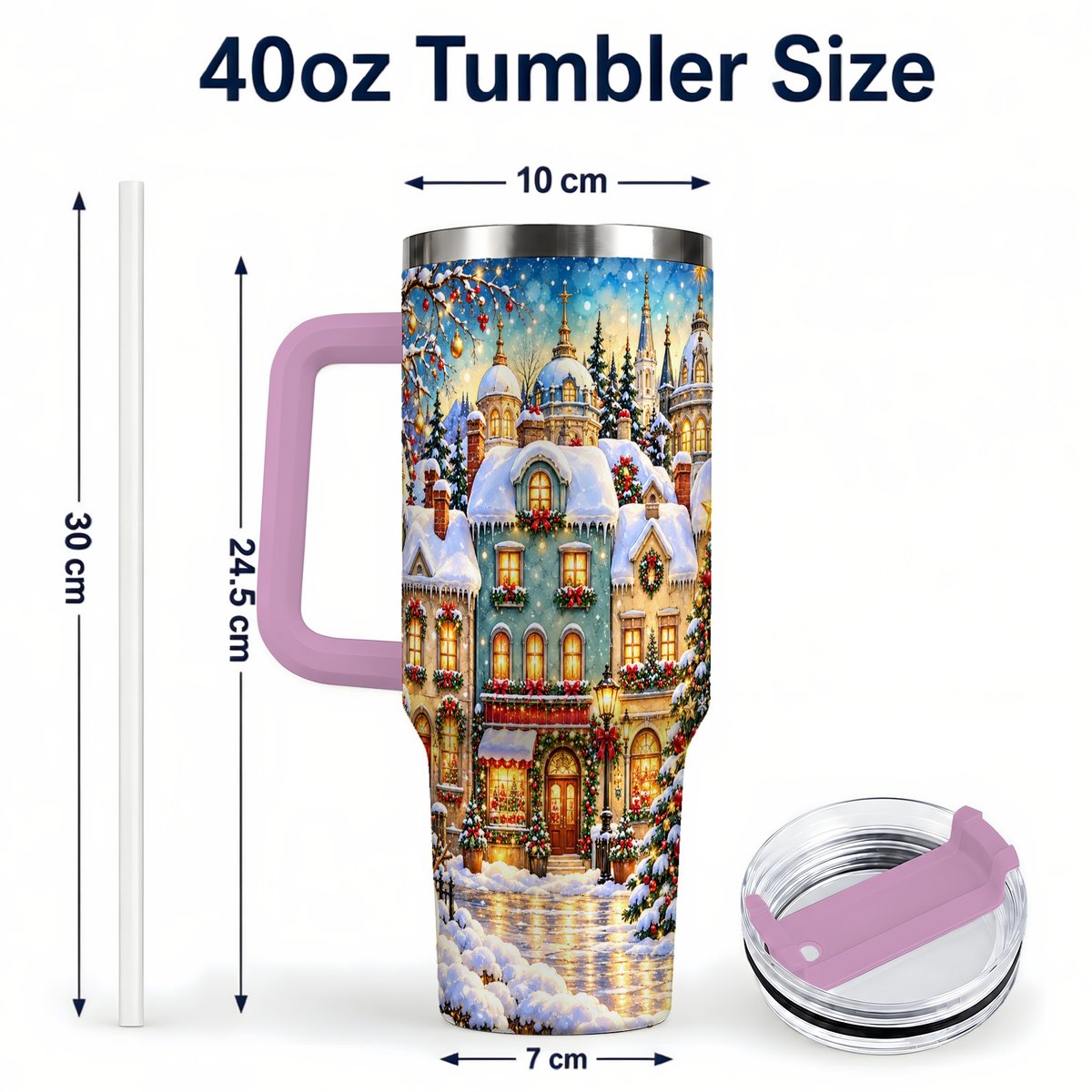 #pl[40oz|Pink] Festive Village 40oz Tumbler with Handle, Snowman Holiday Art