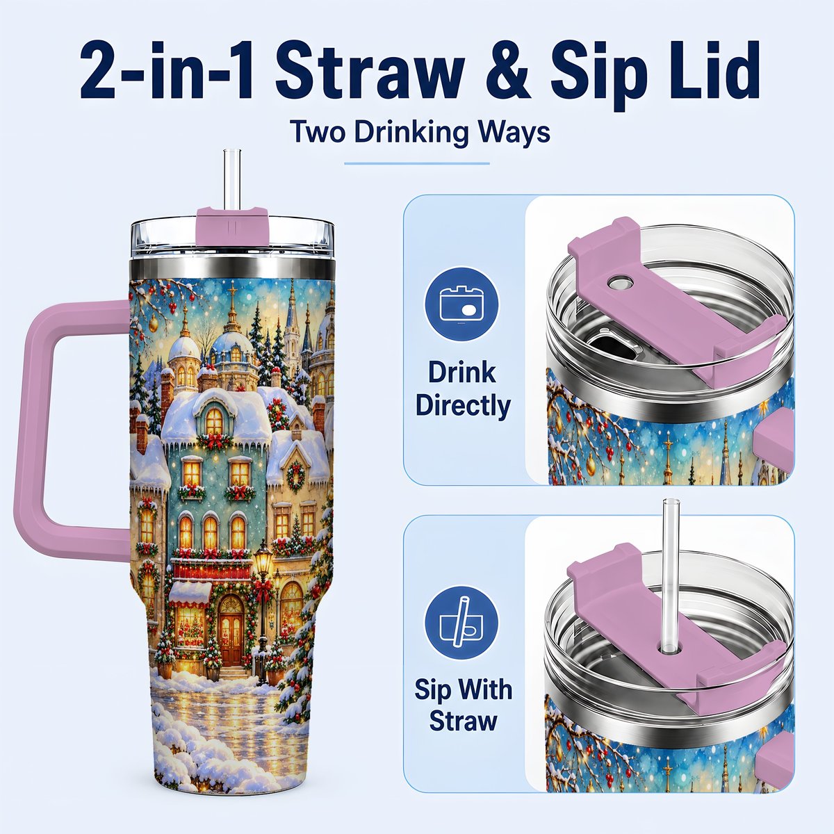#pl[40oz|Pink] Festive Village 40oz Tumbler with Handle, Snowman Holiday Art