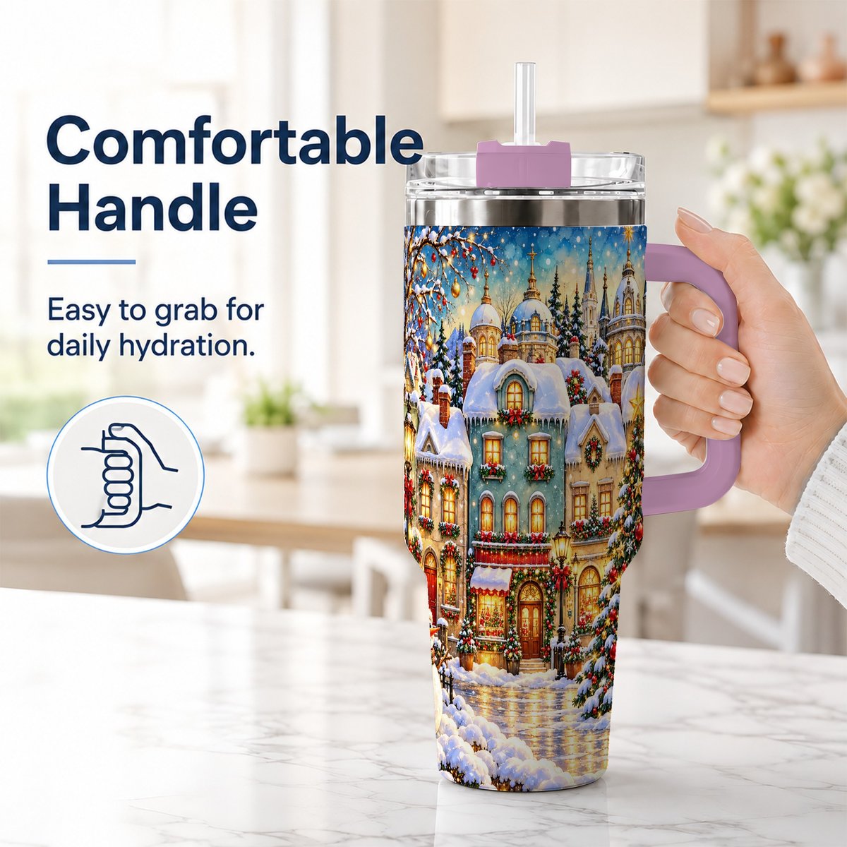 #pl[40oz|Pink] Festive Village 40oz Tumbler with Handle, Snowman Holiday Art