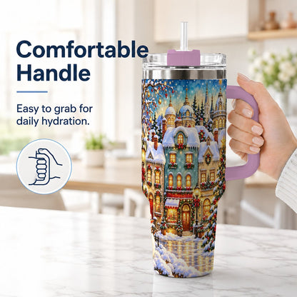 #pl[40oz|Pink] Festive Village 40oz Tumbler with Handle, Snowman Holiday Art