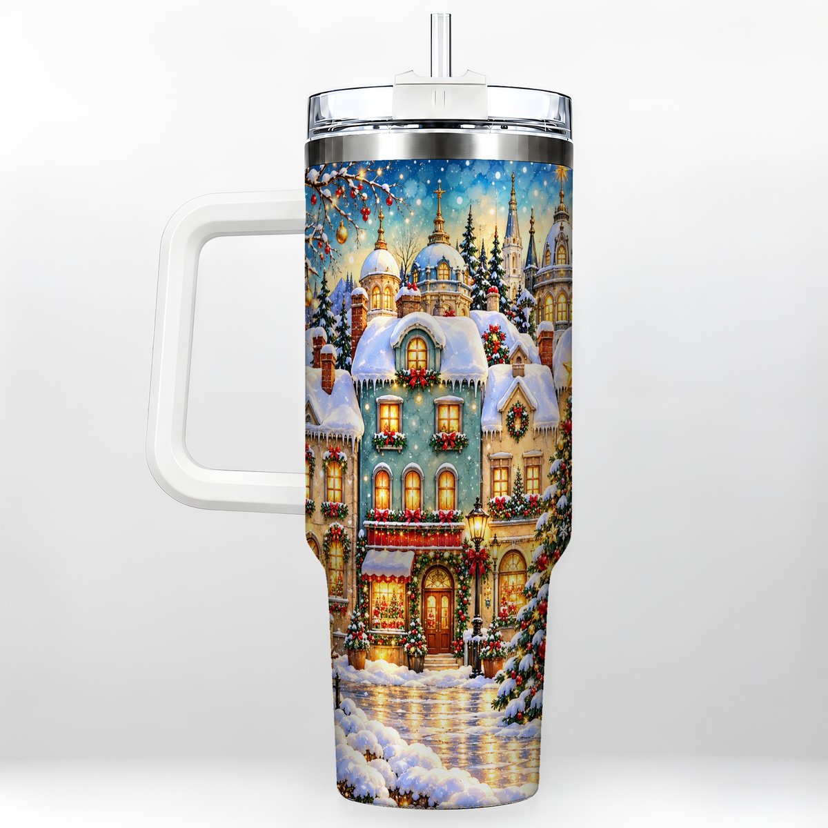 Festive Village 40oz Tumbler with Handle, Snowman Holiday Art