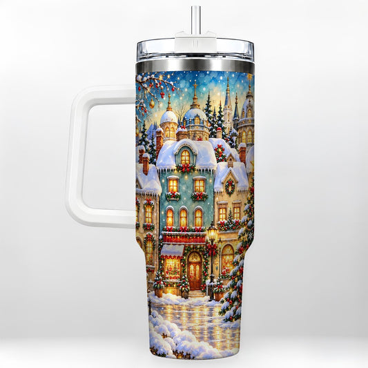 Festive Village 40oz Tumbler with Handle, Snowman Holiday Art