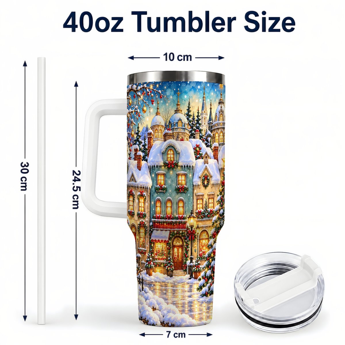 #pl[40oz|White] Festive Village 40oz Tumbler with Handle, Snowman Holiday Art