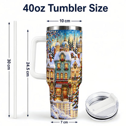 #pl[40oz|White] Festive Village 40oz Tumbler with Handle, Snowman Holiday Art