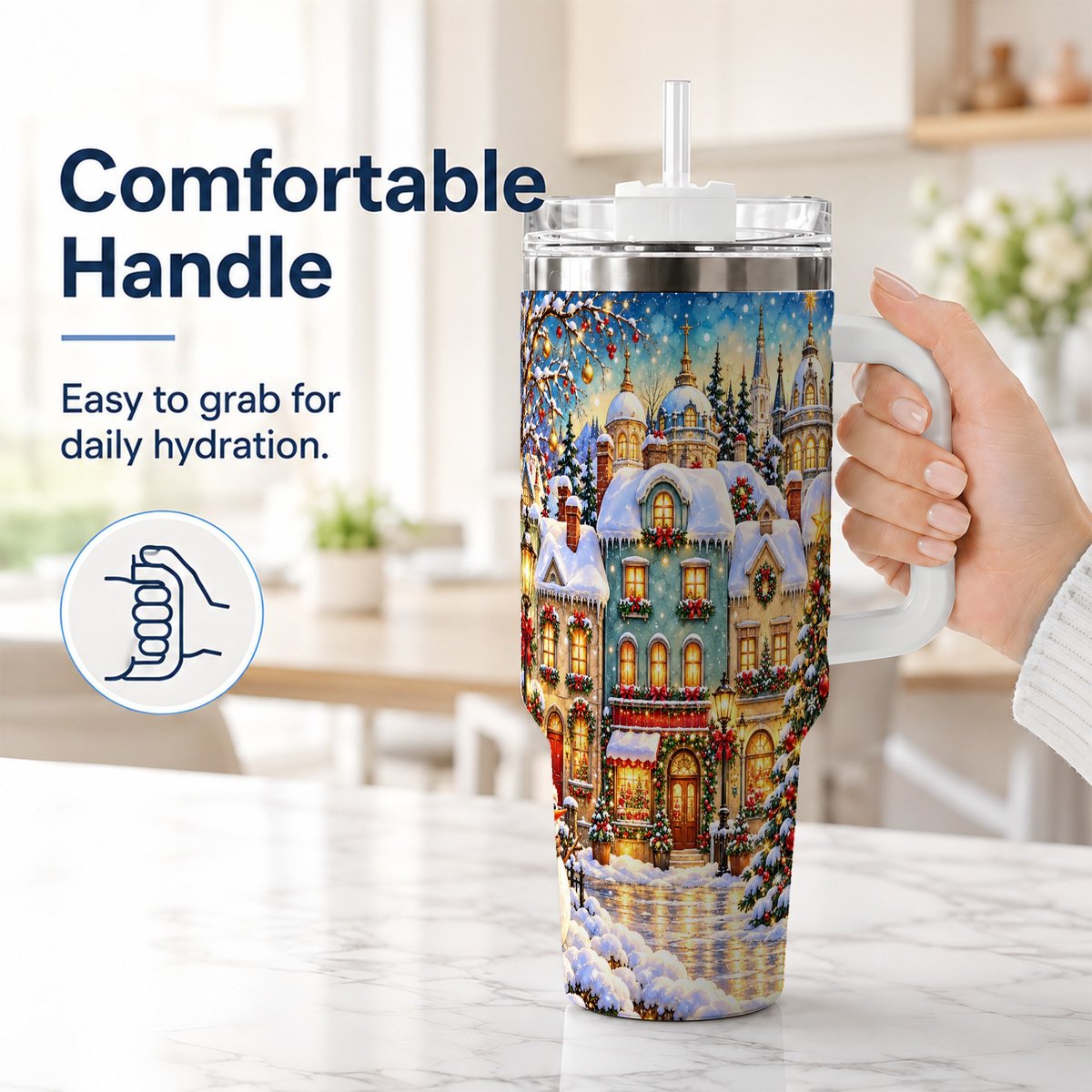 #pl[40oz|White] Festive Village 40oz Tumbler with Handle, Snowman Holiday Art
