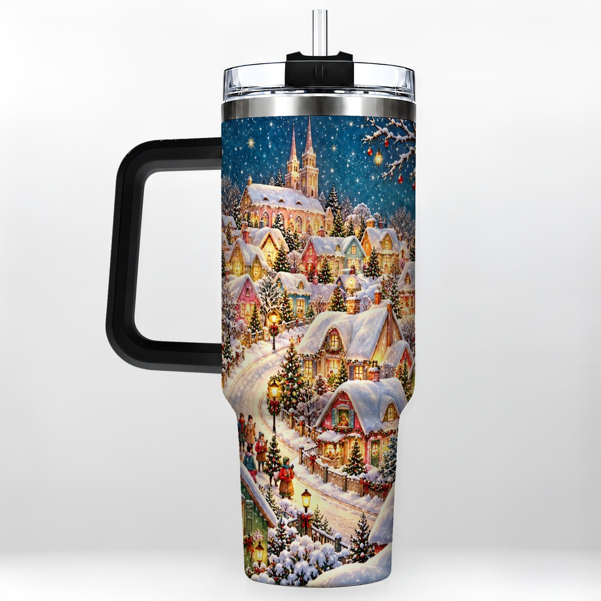 #pl[40oz|Black] Winter Village 40oz Tumbler with Handle, Snowy Cottage Artwork