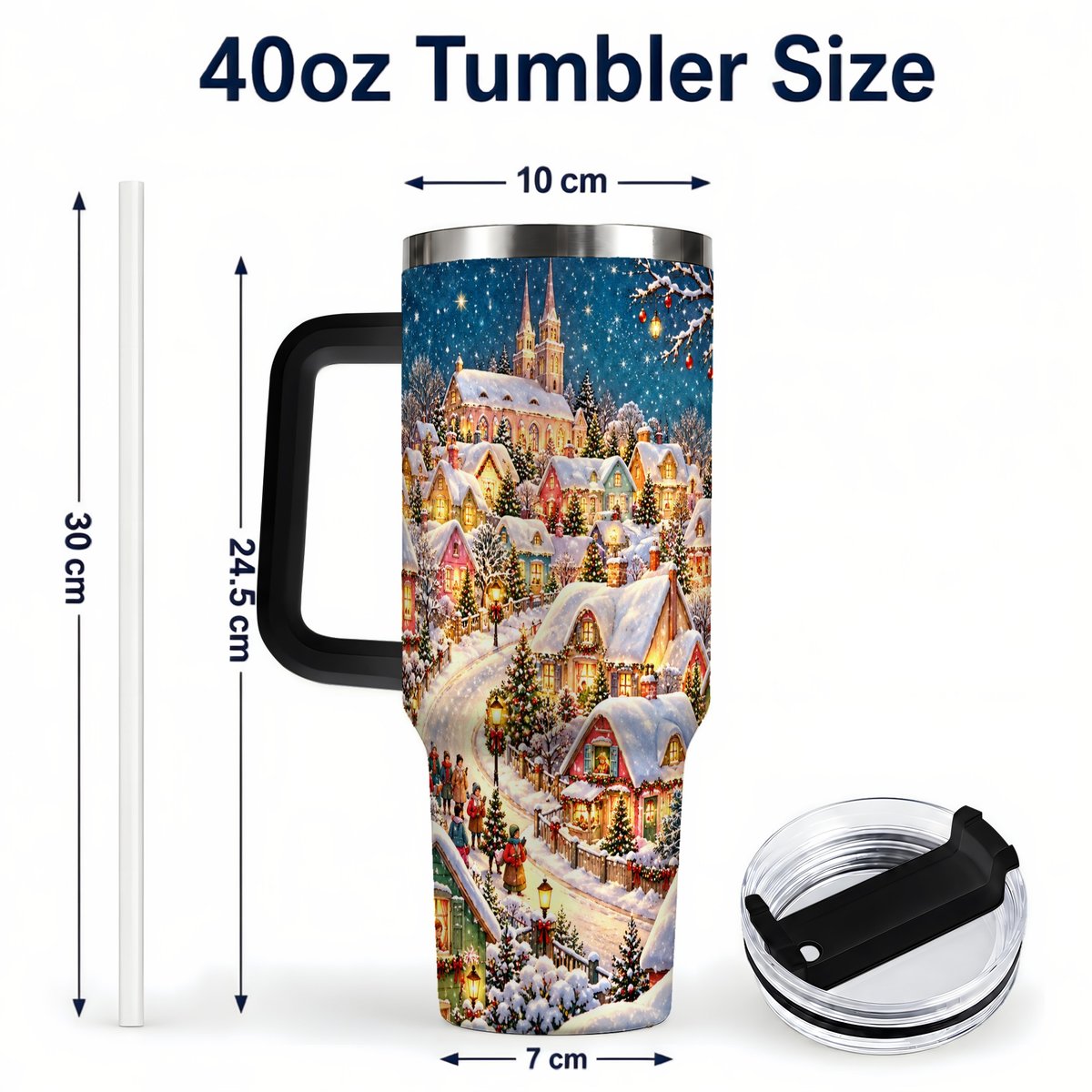 #pl[40oz|Black] Winter Village 40oz Tumbler with Handle, Snowy Cottage Artwork