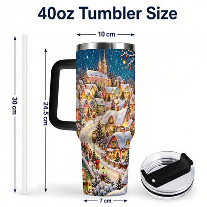 #pl[40oz|Black] Winter Village 40oz Tumbler with Handle, Snowy Cottage Artwork
