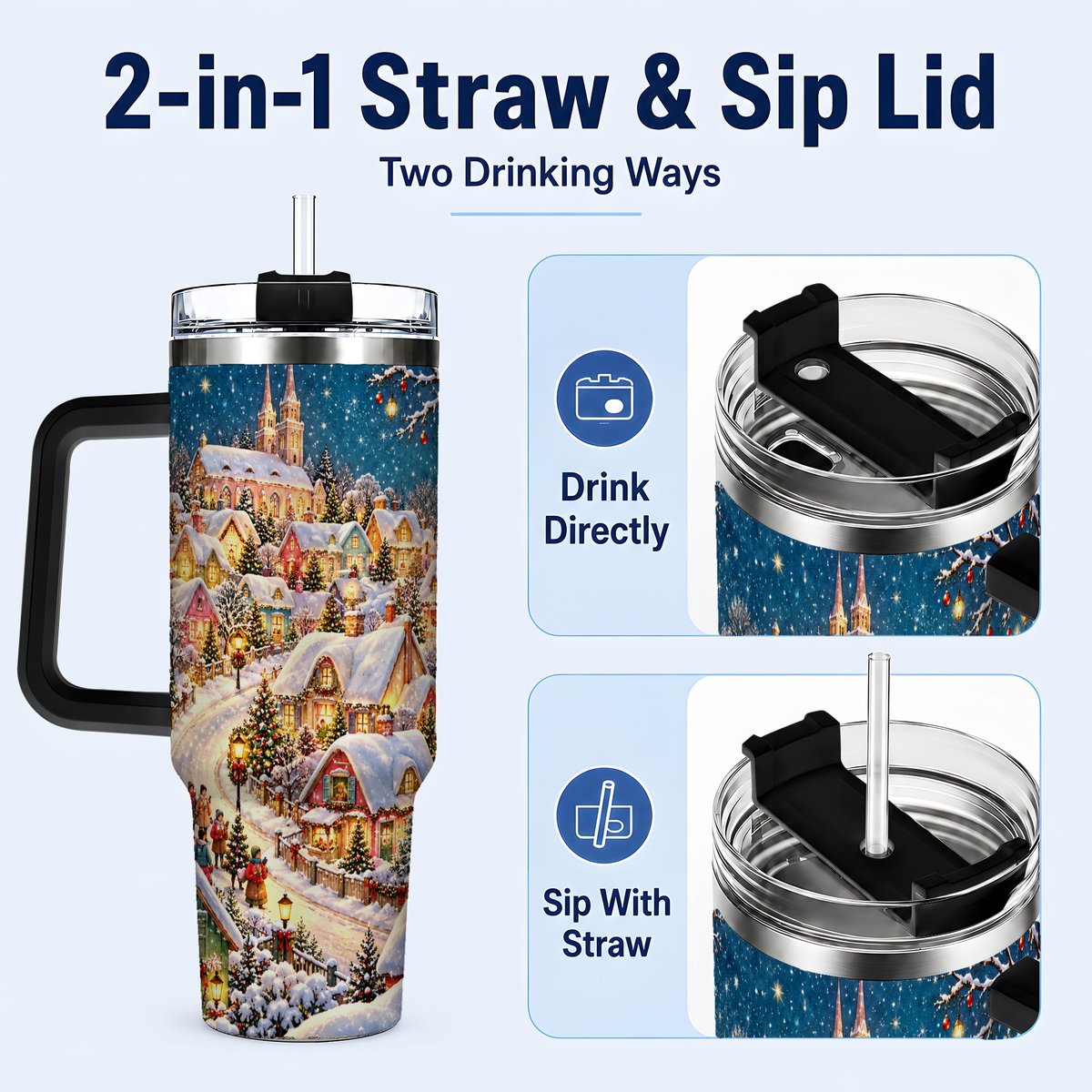 #pl[40oz|Black] Winter Village 40oz Tumbler with Handle, Snowy Cottage Artwork
