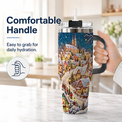 #pl[40oz|Black] Winter Village 40oz Tumbler with Handle, Snowy Cottage Artwork