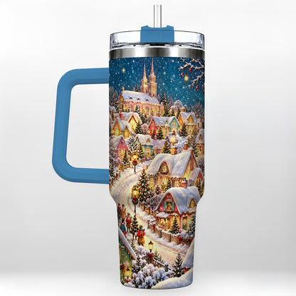 #pl[40oz|Blue] Winter Village 40oz Tumbler with Handle, Snowy Cottage Artwork