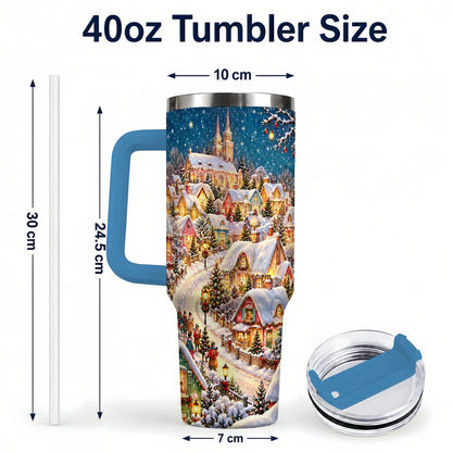 #pl[40oz|Blue] Winter Village 40oz Tumbler with Handle, Snowy Cottage Artwork