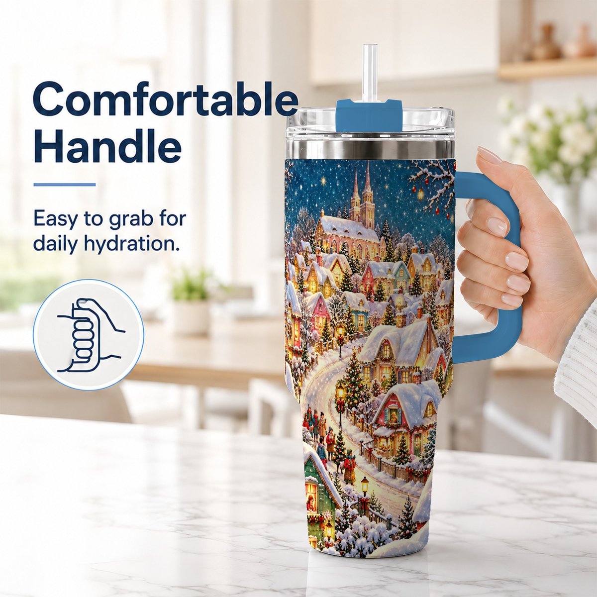 #pl[40oz|Blue] Winter Village 40oz Tumbler with Handle, Snowy Cottage Artwork