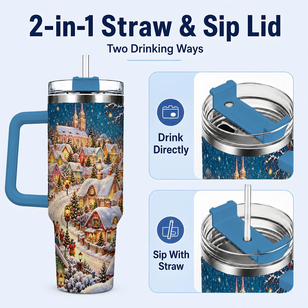 #pl[40oz|Blue] Winter Village 40oz Tumbler with Handle, Snowy Cottage Artwork