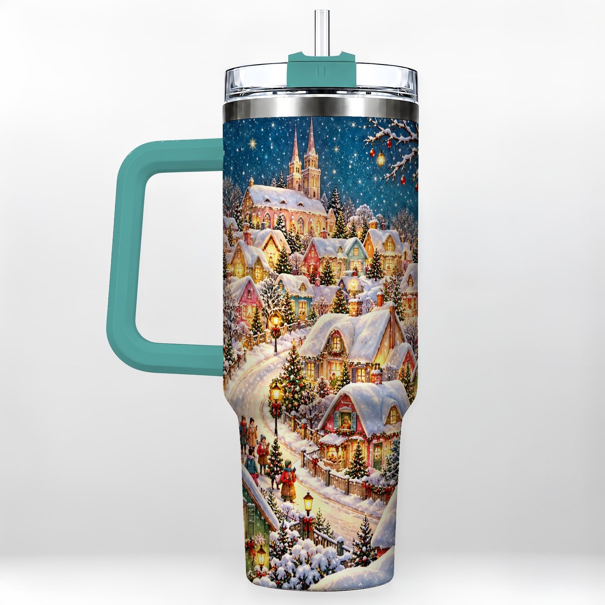 #pl[40oz|Green] Winter Village 40oz Tumbler with Handle, Snowy Cottage Artwork