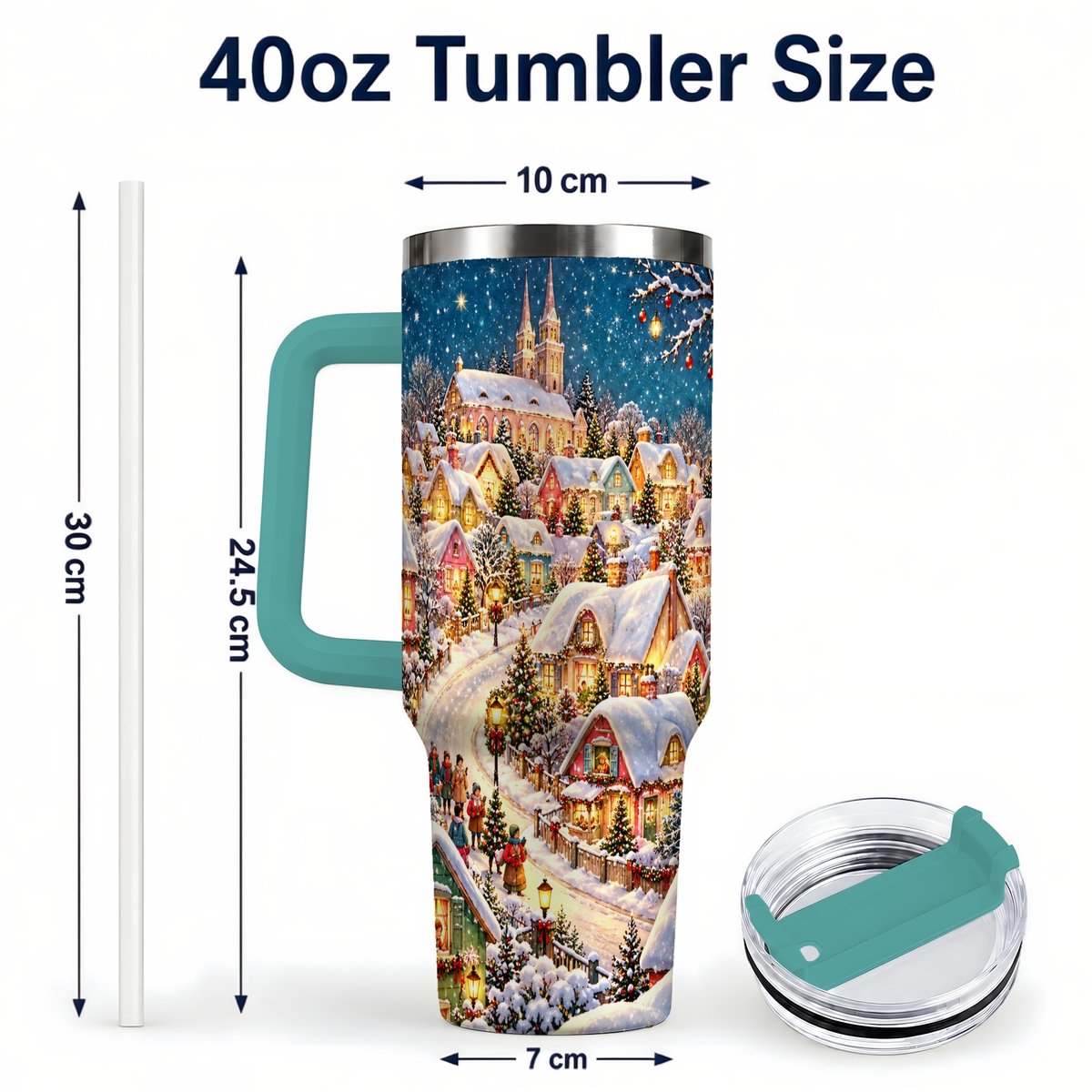 #pl[40oz|Green] Winter Village 40oz Tumbler with Handle, Snowy Cottage Artwork