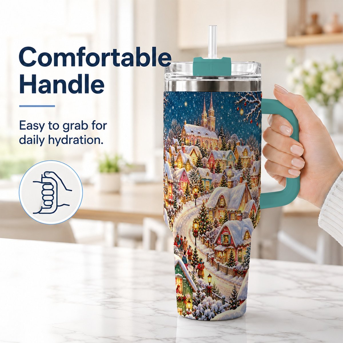 #pl[40oz|Green] Winter Village 40oz Tumbler with Handle, Snowy Cottage Artwork