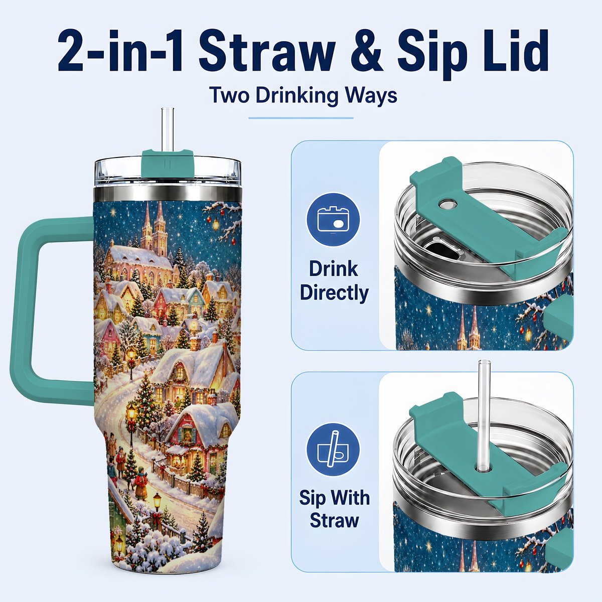 #pl[40oz|Green] Winter Village 40oz Tumbler with Handle, Snowy Cottage Artwork