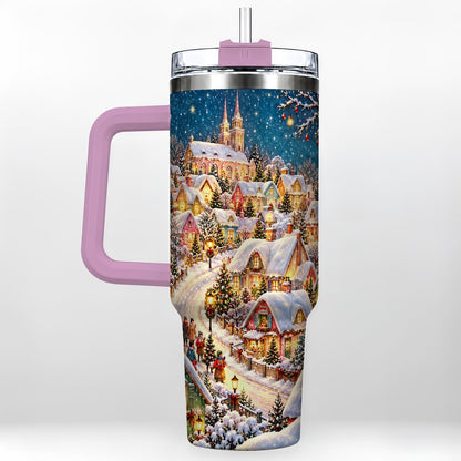#pl[40oz|Pink] Winter Village 40oz Tumbler with Handle, Snowy Cottage Artwork