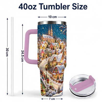 #pl[40oz|Pink] Winter Village 40oz Tumbler with Handle, Snowy Cottage Artwork