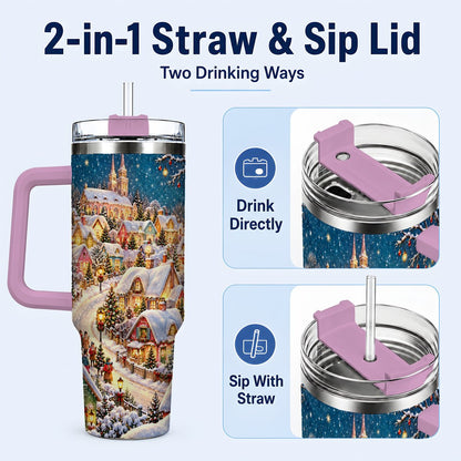 #pl[40oz|Pink] Winter Village 40oz Tumbler with Handle, Snowy Cottage Artwork