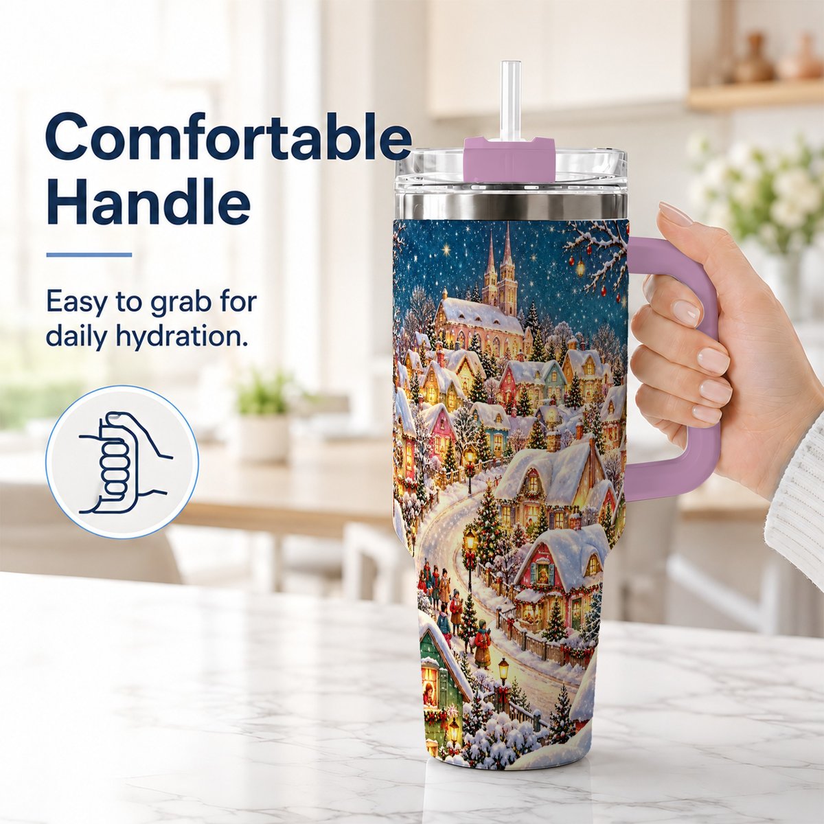 #pl[40oz|Pink] Winter Village 40oz Tumbler with Handle, Snowy Cottage Artwork