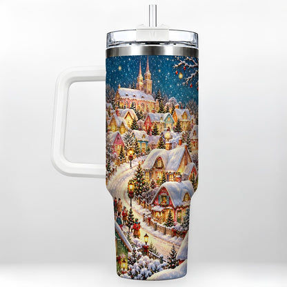 Winter Village 40oz Tumbler with Handle, Snowy Cottage Artwork