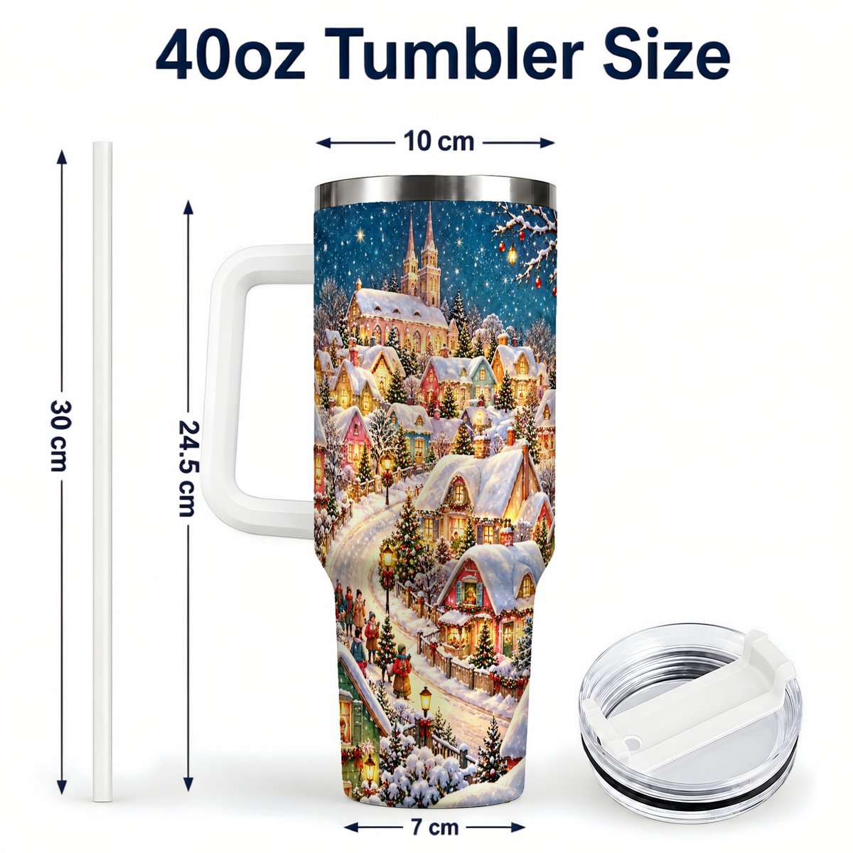 #pl[40oz|White] Winter Village 40oz Tumbler with Handle, Snowy Cottage Artwork