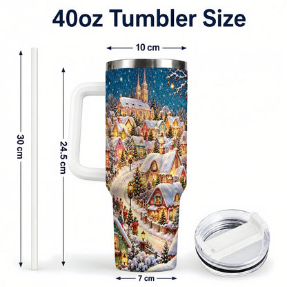 #pl[40oz|White] Winter Village 40oz Tumbler with Handle, Snowy Cottage Artwork