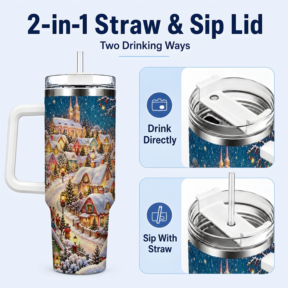 #pl[40oz|White] Winter Village 40oz Tumbler with Handle, Snowy Cottage Artwork