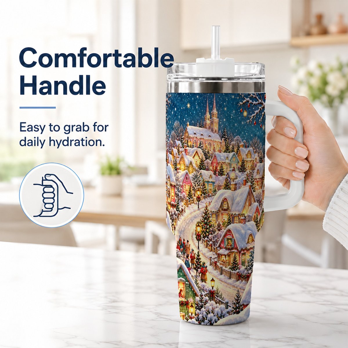 #pl[40oz|White] Winter Village 40oz Tumbler with Handle, Snowy Cottage Artwork