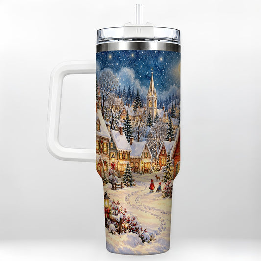 Winter Night 40oz Tumbler with Handle, Snowy Cottage Scene