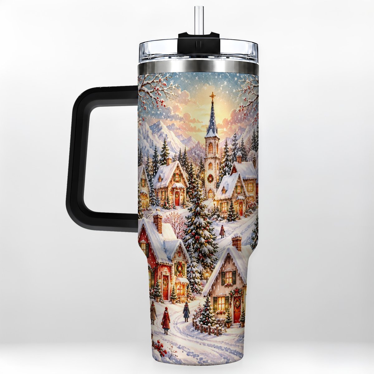 #pl[40oz|Black] Mountain Village 40oz Tumbler with Handle, Snowy Holiday Scene